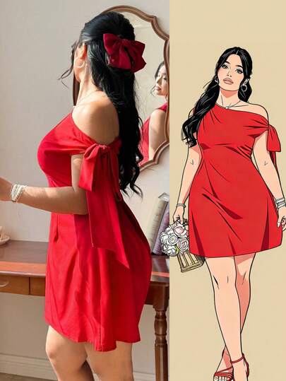 Celure Vestido elegante con hombro asimétrico y cintura con lazo para mujer de talla grande