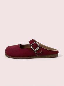 CUCCOO DOLLMOD 女士酒红色绒面革金属扣玛丽珍拖鞋，可爱日常柔软休闲闭趾款 - 酒紅色 - 查看 2