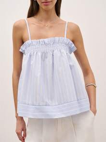 Nöista Áo hai dây kẻ sọc với dây đeo vai mảnh và cổ áo xếp ly mềm mại. Phần thân áo nhún bèo tạo độ co giãn và tôn dáng. Thích hợp cho mùa xuân hè, lễ hội âm nhạc, trang phục thường ngày, hoặc mặc hàng ngày. - Màu xanh lam - Xem 3