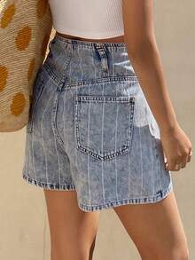 Livesso Shorts di jeans casual con tasche e decorazioni a righe blu, adatti per la spiaggia e le vacanze estive - Blu - Visualizzare 2