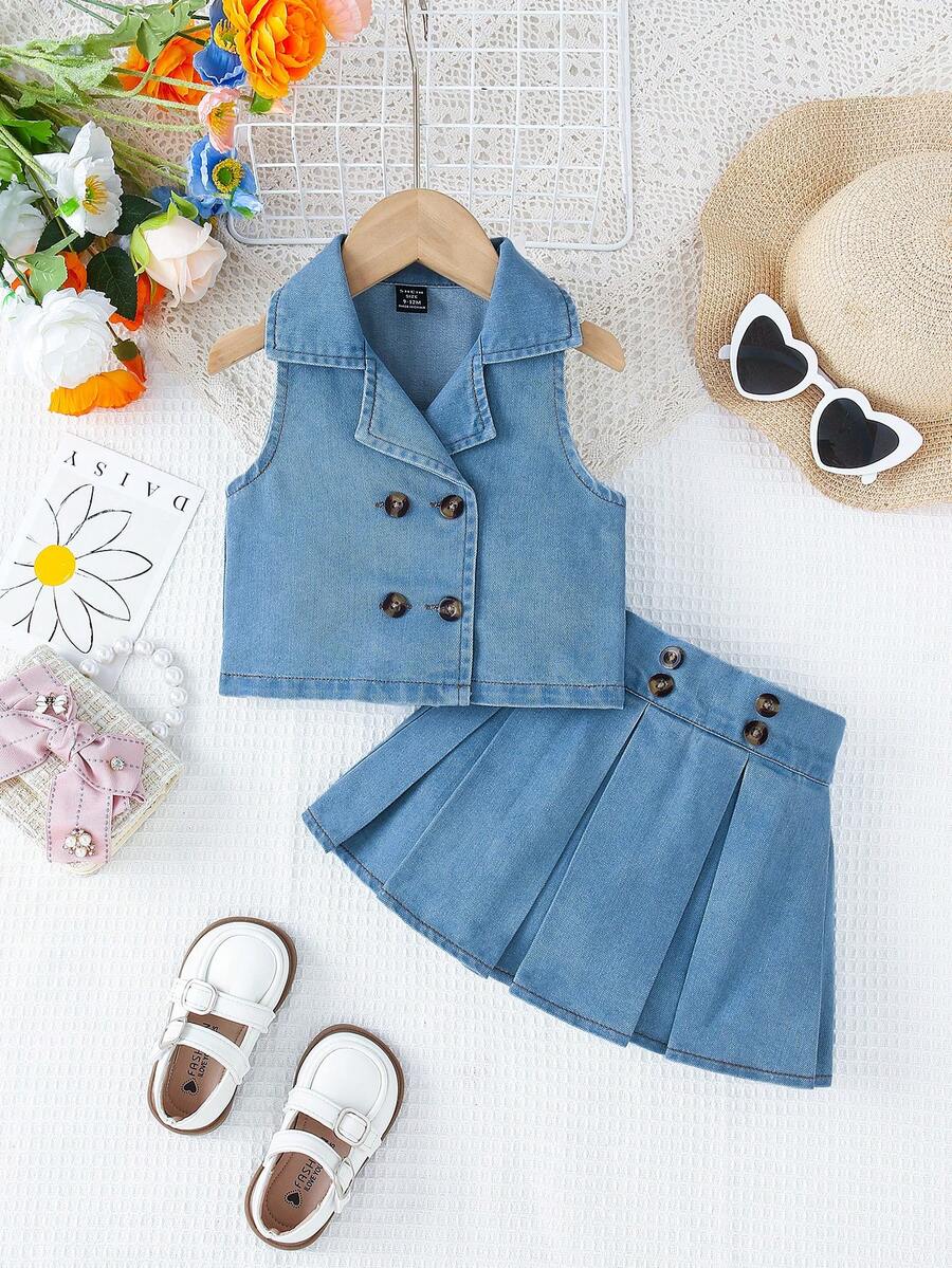 Elladie kids 可愛女嬰牛仔套裝，藍色棉質雙排扣背心百褶裙 2 件套，返校夏季畢業休閒穿搭