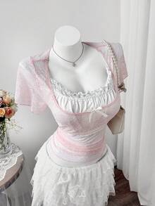 Sweetra 大码复古蕾丝拼接方领荷叶边短袖T恤，性感妩媚，春夏款 - 粉色 - 查看 5