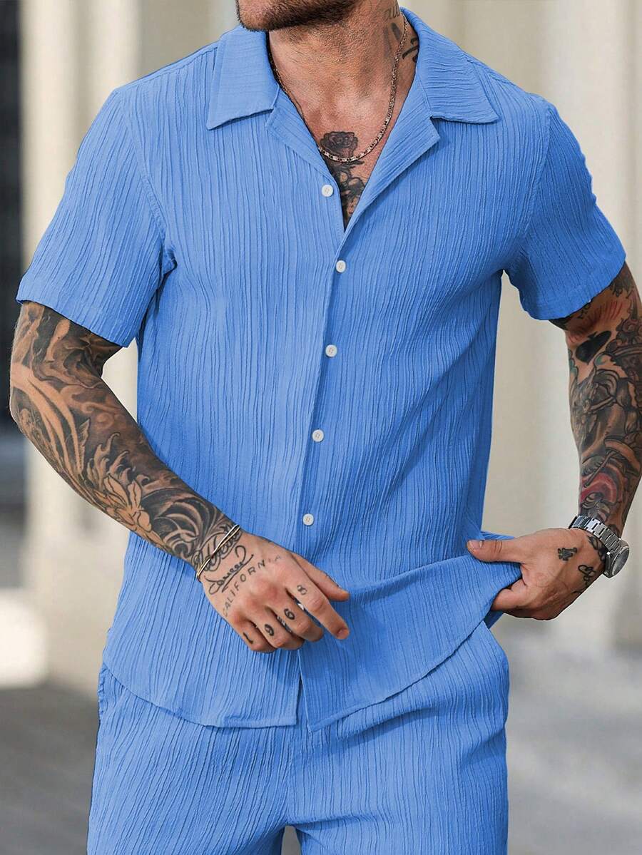 Manfinity Homme Men's Casual Solid Color Short Sleeve Shirt, Summer - Blue - View 1