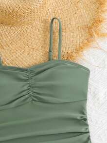 SHEIN Teen Girls Bikini Sets, Tropical Coconut Tree Knit Fabric Spaghetti Strap Crop Top And Triangle Bottoms 2 Piece Swimsuit, Fashionable Casual Elegant Lady Style, Suitable For Swimming, Summer Vacation, Beach, Pool, Holiday Party - Green - View 4