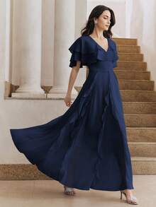 Anewsta 女士新款优雅藏蓝色多层裹身连衣裙，波浪形下摆，修身设计，适合派对、度假等场合 - 藏蓝色 - 查看 5