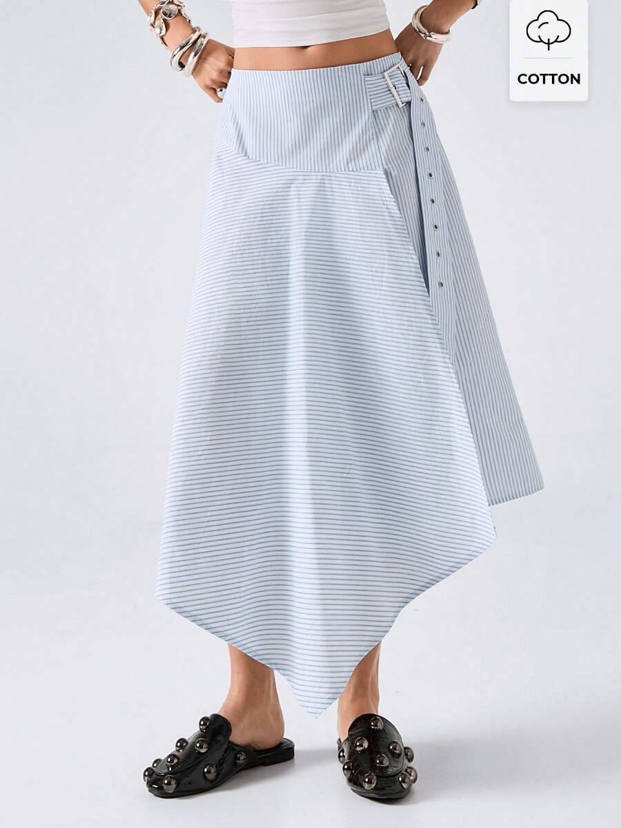 LYSMO 2026 New Arrive Minimalism Spring/Summer Women's Casual Striped Asymmetric Hem Skirt - Blue - View 1