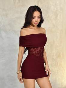 SHEIN PETITE 女士性感优雅露肩腰部镂空透视蕾丝撞色网纱迷你连衣裙 - 酒紅色 - 查看 6