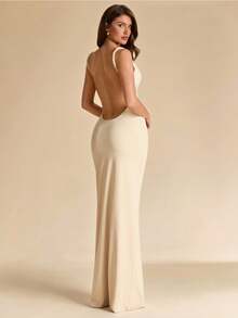 SHEIN BAE 杏色露背无袖修身连衣裙，针织连衣裙，优雅女士长裙，适合度假、海滩、郊游、春夏穿着 - 杏色 - 查看 3