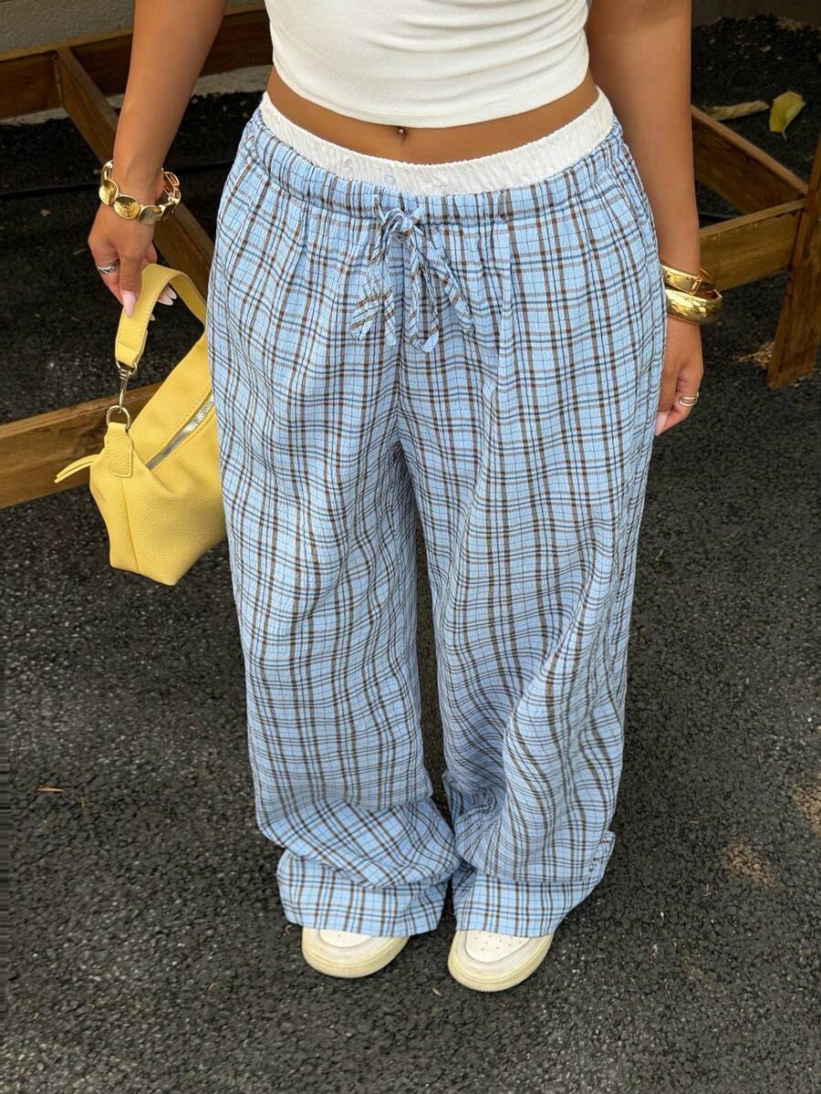Muchica 女士蓝色格子编织系带阔腿裤 - 彩色 - 查看 1