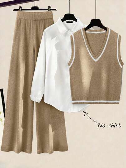 SHEIN Franclia Conjunto de 2 piezas de punto gris, chaleco sin mangas y pantalón de pierna ancha, bolso de lona para debajo del brazo, estilo artístico minimalista, tela de punto suave, pantalón de pierna ancha relajado, estilo casual coreano, conjunto para uso diario, combinación sencilla, efecto estilizante, detalles de color block para un aspecto refinado, conjunto de dos piezas de suéter para damas