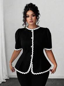 Elenzga 大尺碼拼色飾邊泡泡袖短袖優雅夏季女式襯衫 - 黑色 - 查看 7