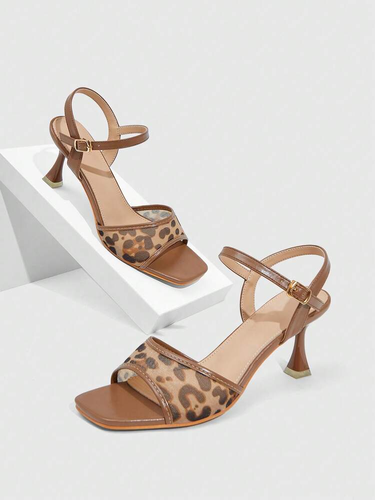 CUCCOO SZL Women's Leopard Print Mesh Peep Toe Ankle Strap Sandals, Fashionable, Elegant, Comfortable And Sexy, Spring/Summer Prom Heels