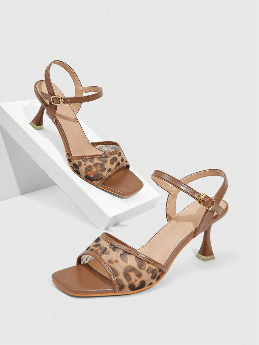 CUCCOO SZL 女士豹纹网眼露趾踝带凉鞋，时尚、优雅、舒适又性感，春夏款 - 咖啡棕 - 查看 1