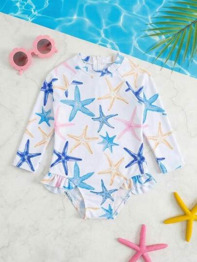 SHEIN Baby Girl Starfish Print Casual Beach Romper Swimsuit