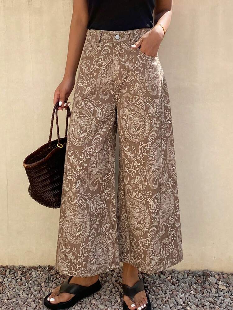 Women's Casual Loose Fit Pockets Button Cashew Floral Print Wide Leg Jeans, Versatile For Daily Wear Summer Boho