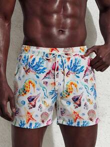 Manfinity Swimmode Men's Drawstring Waist All-Over Print Casual Beach Shorts - Multicolor - View 1