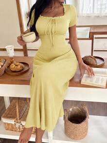 SHEIN Women's Casual Solid Color Jacquard Ruched Ruffle Trim Square Neck Maxi Dress Loungewear - Yellow - View 4