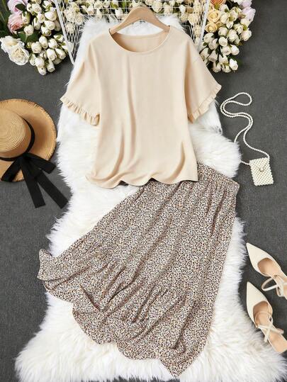 Franclia Women's Vacation Casual Solid Color Top And Ditsy Floral Mini Skirt 2-Piece Set