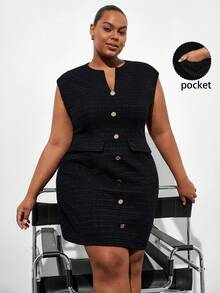 Chikora 大码简约针织提花短袖修身连衣裙，夏季连衣裙 - 黑色 - 查看 7