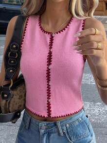 Livesso Women's Floral Trim Single-Breasted Round Neck Sleeveless Tank Top - Pink - View 1