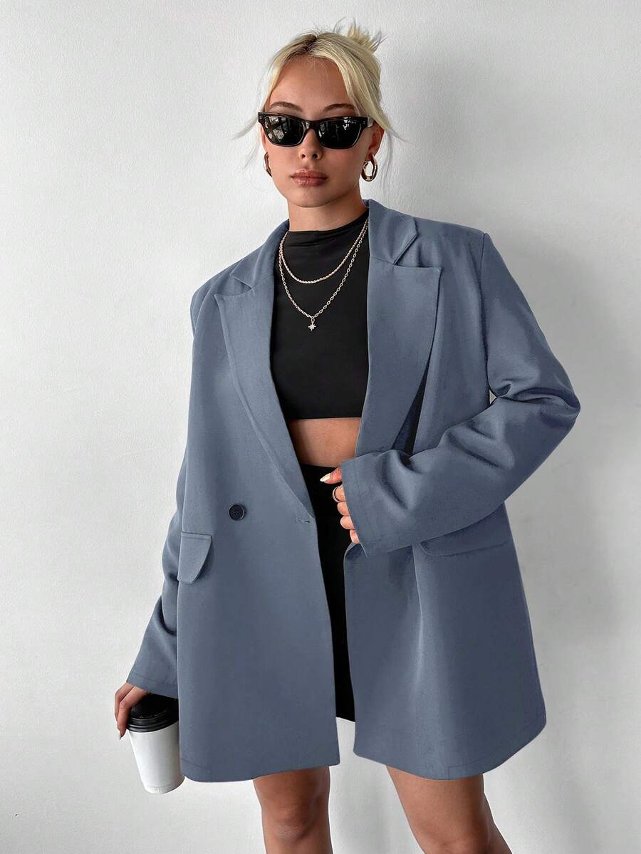 Ritzy Row 女士休闲宽松垫肩中长款双排扣西装外套 - 霧霾藍 - 查看 1