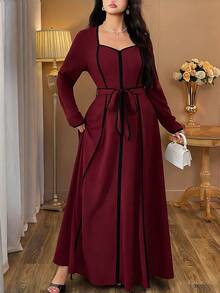 Auvina 女士优雅黑白深V领高低摆系带修身长袖连衣裙，大码，春秋季 - 酒紅色 - 查看 4