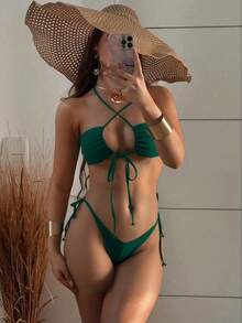 Costavie 女士新款纯色露背镂空褶皱设计上衣和侧系带泳裤性感比基尼套装 - 綠色 - 查看 1