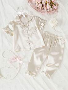 Souflis Souflis 2pcs Baby Girls' Colorful Shorts & Long Pants Set With Bow Embroidery And Ruffle Hem, Home Outfit, Spring/Summer - Champagne - View 5
