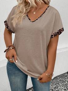 EMERY ROSE Women's Leopard Print V-Neck Short Sleeve Casual Versatile Plus Size T-Shirt, Hot Selling For Spring/Summer - Khaki - View 4