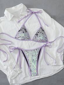 SHEIN Swim 变色炫彩紫色亮片性感派对泳装两件套，女士沙滩度假泳装亮片比基尼闪亮比基尼亮片泳衣亮片比基尼闪亮泳衣闪钻比基尼水钻泳衣 - 彩色 - 查看 3