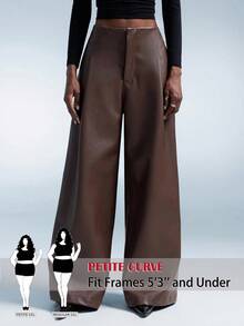SHEIN PETITE CURVE CURVE Plus Size Women's Petite Brown PU Leather Wide Leg Pants, High-Waisted Straight Leg Elegant Office Bussines Formal Pants, Autumn Smart Casual - Brown - View 1