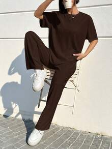 SHEIN EZwear Set de 2 piezas de camiseta y pantalones holgados de color marrón casual, talla grande - Marrón - Ver 10