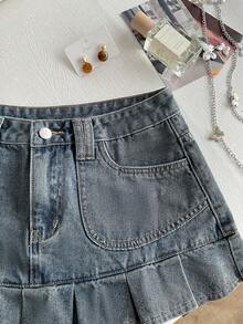 Elamini Women's Pocketed Button Pleated Casual Versatile Date Outing Denim Mini Skirt - Blue - View 5