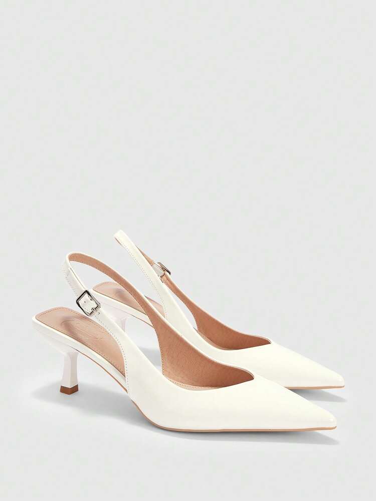 CUCCOO BIZCHIC Women Shoes Spring And Summer New Pointed Thin Heel Medium Heel White Comfortable Versatile Temperament Elegant Glossy Low Vamp Slingback Commuter Dating Daily Wear Solid Color Women's High Heel Shoes