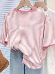 Resyla Striped Digital Print, Strawberry Embroidery Casual Round Neck T-Shirt, A Gift For Friends - Multicolor - View 2