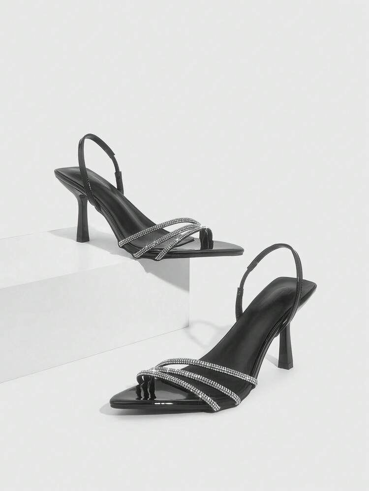 CUCCOO SZL Women Shoes Spring And Summer New Black Pointed Stiletto Rhinestone Rear Strap Women's High-Heeled Sandals Fashionable And Comfortable Versatile Sexy Party Women's Sandals Prom Heels