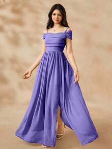 Vestido de gasa verde único con tirantes finos para niñas, vestido elegante con abertura para vacaciones de verano en la playa - Morado - Ver 4