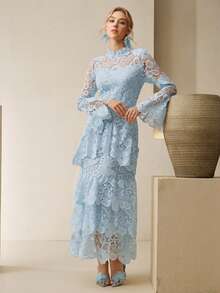 Anewsta 女士优雅褶皱下摆收腰多层蕾丝长袖连衣裙，适合春季、新年、派对、婚礼、时尚、优雅、正式、工作、感恩节、毕业典礼、圣诞节、节日、情人节等场合。 - 淺藍色 - 查看 3