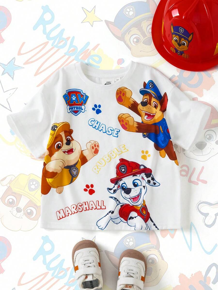 SHEIN | PAW Patrol 男童休闲卡通印花短袖T恤,夏季 - 白色 - 查看 1