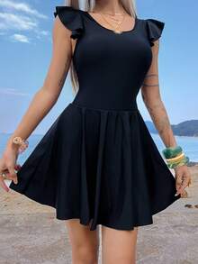 Livesso Đầm ngắn đi biển cổ tròn viền bèo dành cho nữ, áo tắm thường ngày hở lưng. - màu đen - Xem 4