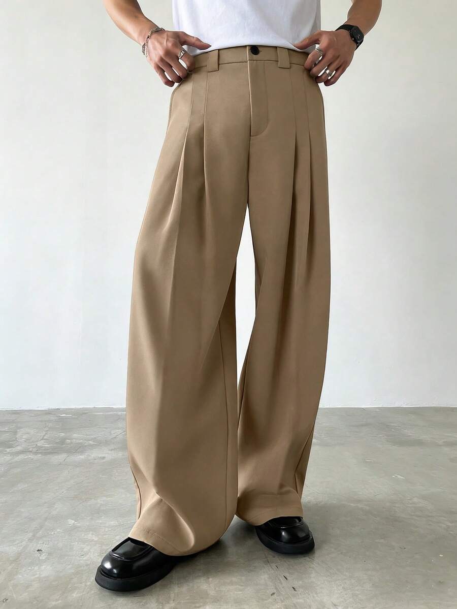 HUEFORM 男士休闲褶裥阔腿裤，适合日常通勤 - 卡其色 - 查看 1