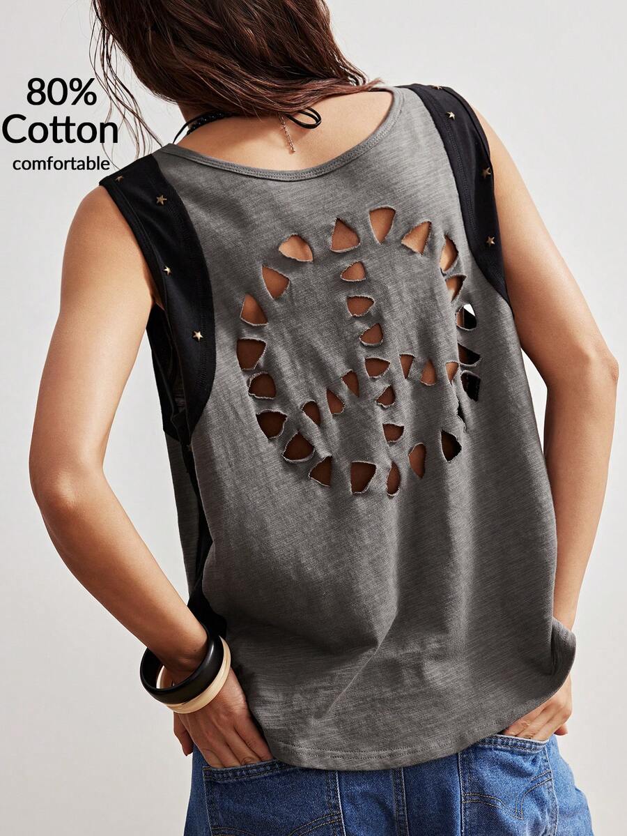 Bohemela 女士休闲灰色拼接黑色圆领无袖露背复古宽松背心，情人节女士度假夏季上衣春季上衣 - 灰色 - 查看 1