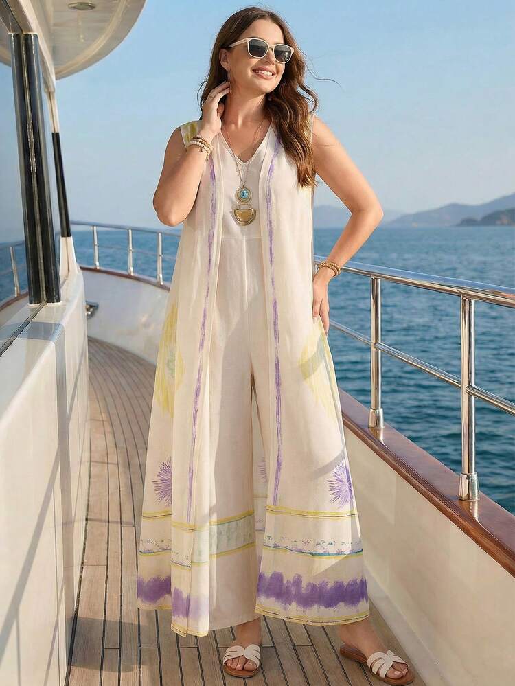 2pc Set Plus Size Women's Summer Casual Vacation Country  All-Over Print  Floral Print Pocket Backless Slit Maxi Vest Long Lightweight CardiganAnd Jumpsuit 2-Piece Set With Pockets,Spring/Summer,Summer\Vacation,Summer Holiday,Spring Break Outfits ,Vacation Outfits Women ,Holiday Outfits For Women,Going Out Outfits,2026 New Clothes,Simple And Fashionable For Everyday Wear,Suitable For Summer, Vacation, Daily Wear,Suitable For Summer, Vacation, Daily Wear,Country Concert Outfit ,Modest Two Piece Set, Plus Size Summer Sets,Plus Size Pants Set,Boho Set,Boho Pants Set For Women,Wide Leg Jumpsuit Set,2 Piece Casual Sets Woman,Two Piece Set Women