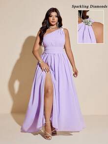 Maweii 大码优雅褶皱钻石装饰不对称领口高开衩连衣裙 - 紫色 - 查看 1