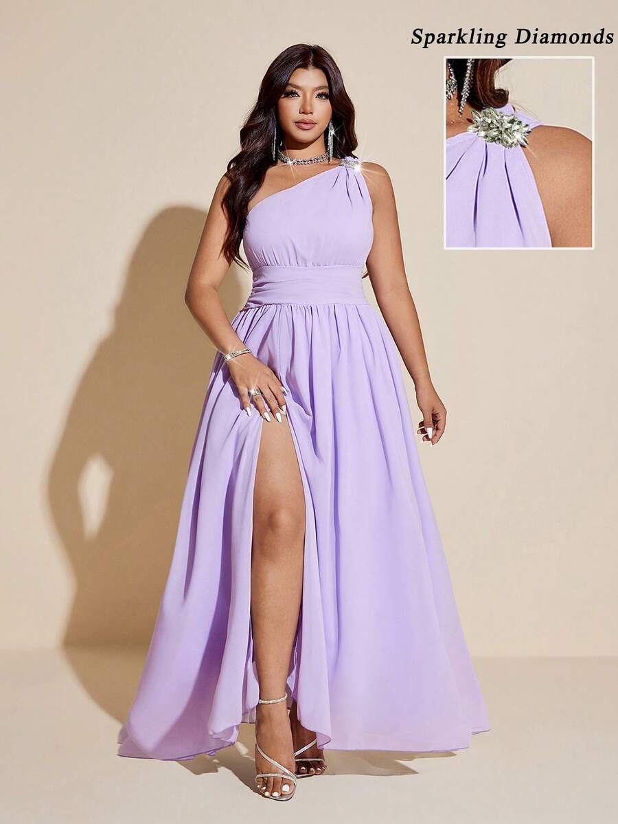 Maweii 大码优雅褶皱钻石装饰不对称领口高开衩连衣裙 - 紫色 - 查看 1