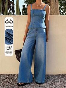 DAZY Bộ đồ nữ đơn sắc tối giản gồm áo hai dây và quần jeans, thích hợp mặc hàng ngày. - Màu xanh lam - Xem 1