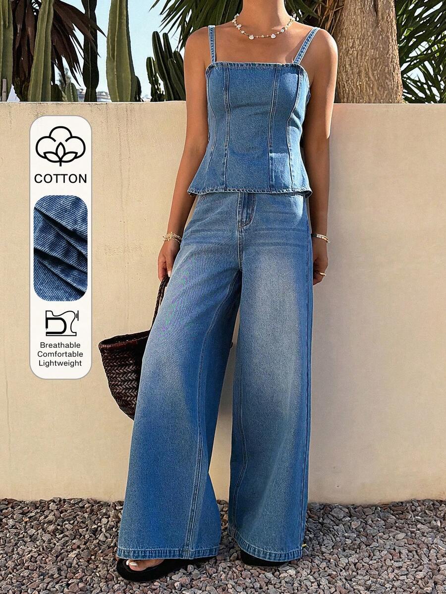 DAZY Bộ đồ nữ đơn sắc tối giản gồm áo hai dây và quần jeans, thích hợp mặc hàng ngày. - Màu xanh lam - Xem 1