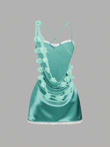 Sweetra Đầm dự tiệc nữ mùa thu mới kiểu vintage gợi cảm, ôm sát, chất liệu satin bóng, viền ren, xếp lớp, cổ khoét sâu, dây mảnh, màu hồng đa năng. - màu xanh lá - Xem 2