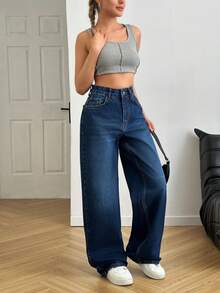 SHEIN Damen High Waist medium gewaschene Lässig Weite Bein Jeans - Mittele Waschung - Übersicht 5