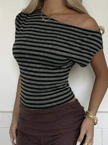 SHEIN EZwear Áo thun dệt kim lệch vai kẻ sọc đen xám dành cho nữ - màu đen - Xem 5